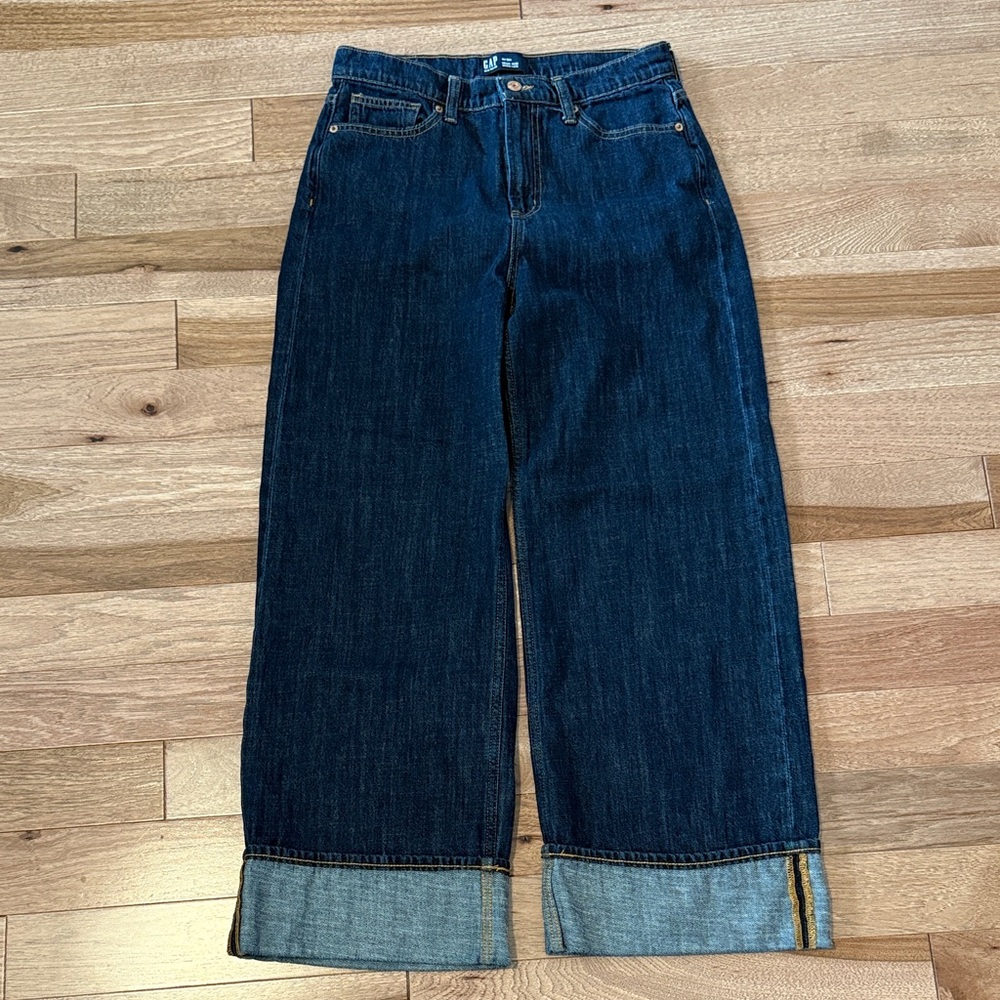 NWOT 100% cotton Gap factory high rise wide leg cuffed jeans 10 30 dark denim